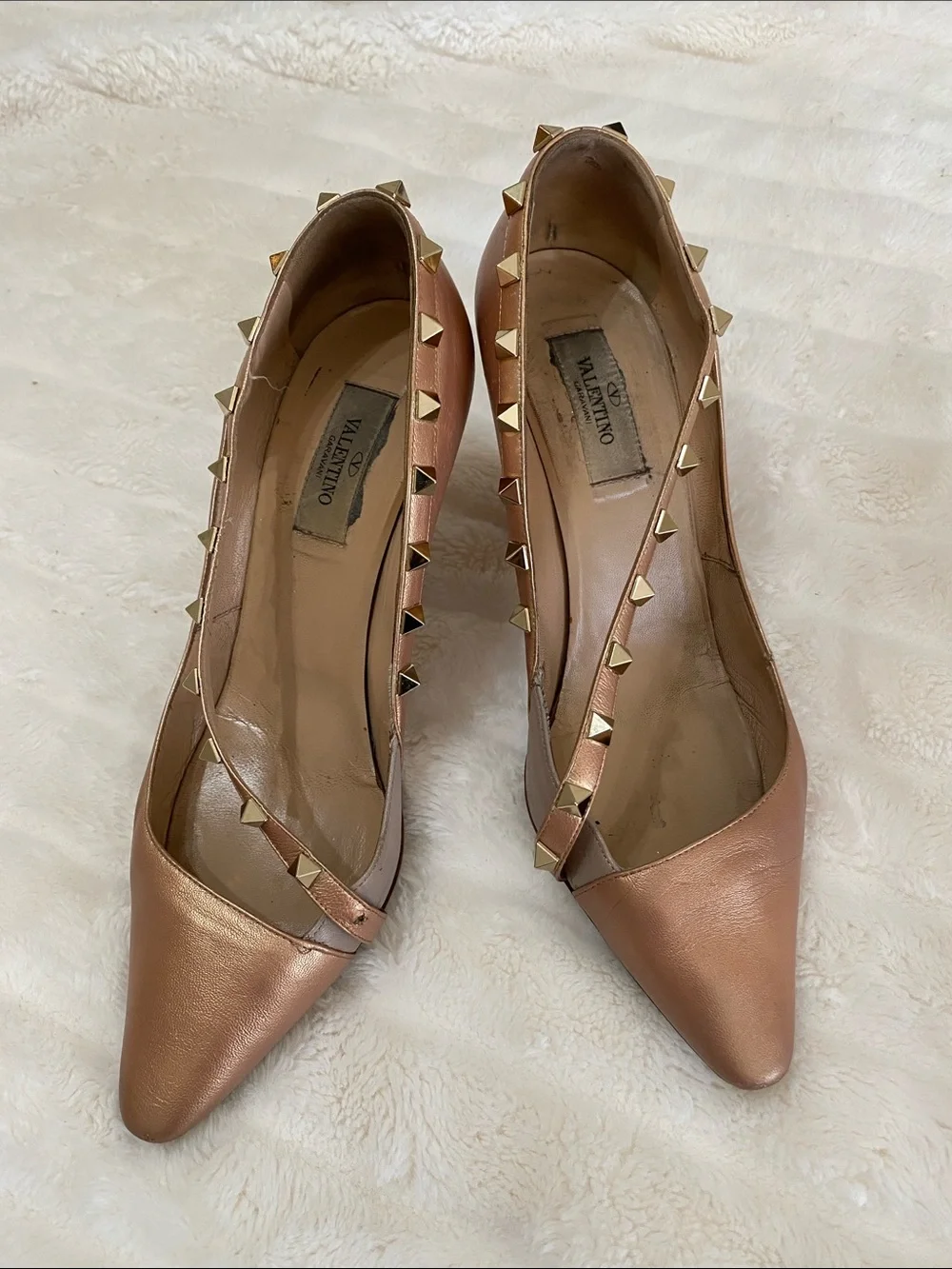 Valentino Metallic Rose Gold Pyramid-Stud Pointed heels